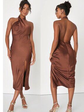 Lulus Beyond Classy Brown Satin Halter Midi Dress by Lulus Size XS NWOT